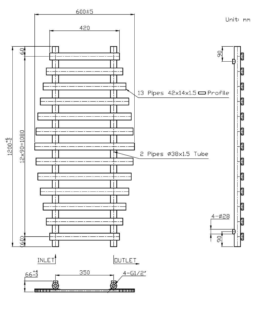 DIVERI Anthracite Bathroom Radiator 600mm Wide | 1200mm High