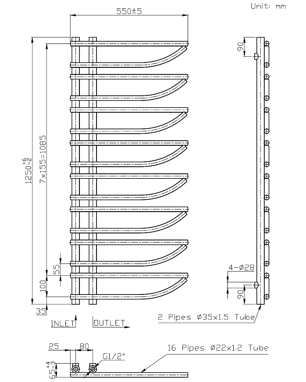 ENZANA Designer Towel Radiator Chrome 550mm (W) x 1250mm (H)