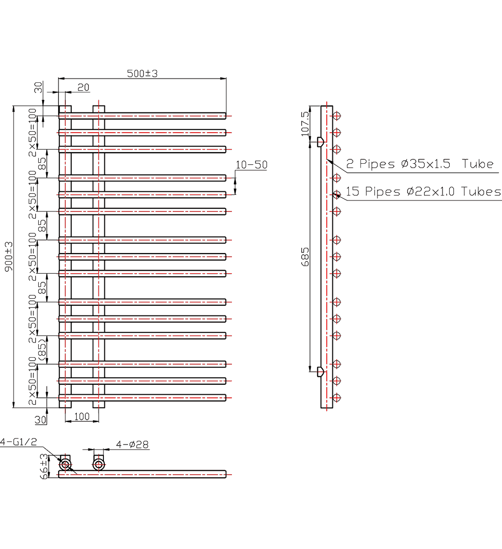 KETYA Designer Towel Radiator 500mm Wide | 900mm High