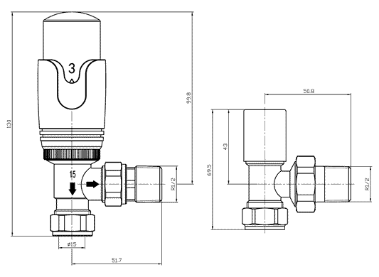 Thermostatic White Angled Radiator Valve (TRV) | Bi-directional 15mm x 1/2inch