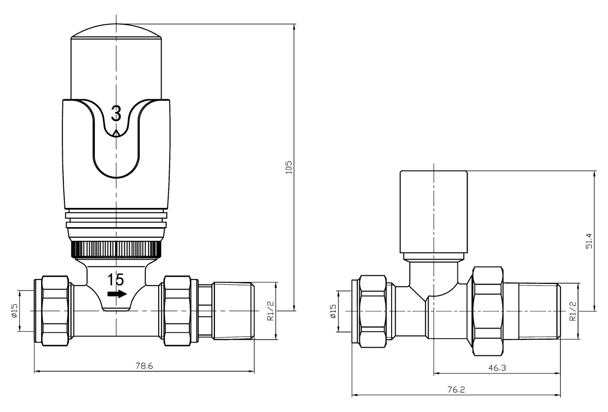 Thermostatic Chrome Straight Radiator Valve (TRV) | Bi-directional 15mm x 1/2inch
