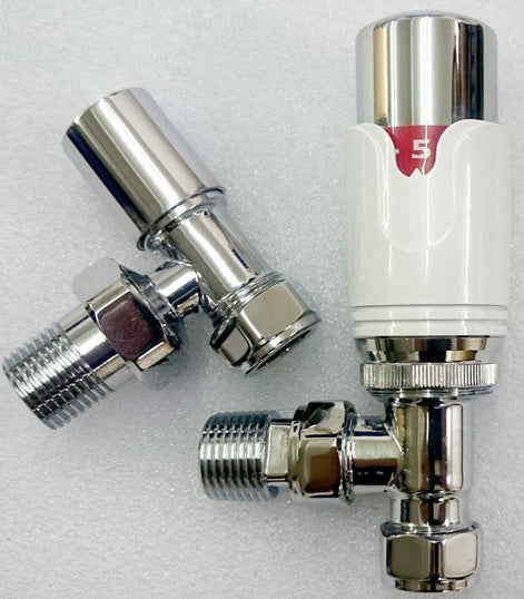 Thermostatic White Angled Radiator Valve (TRV) | Bi-directional 15mm x 1/2inch