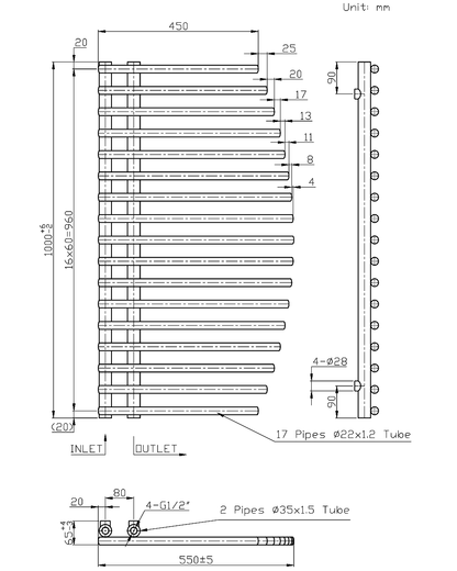 BESLANO Anthracite Towel Radiator 550mm Wide | 1000mm High