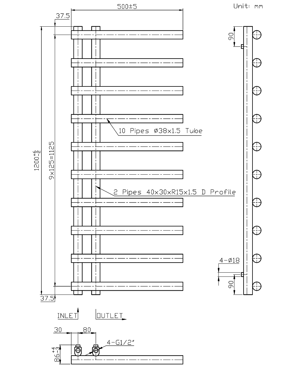 ELUS Designer Towel Radiator Chrome 500mm Wide 1200mm High
