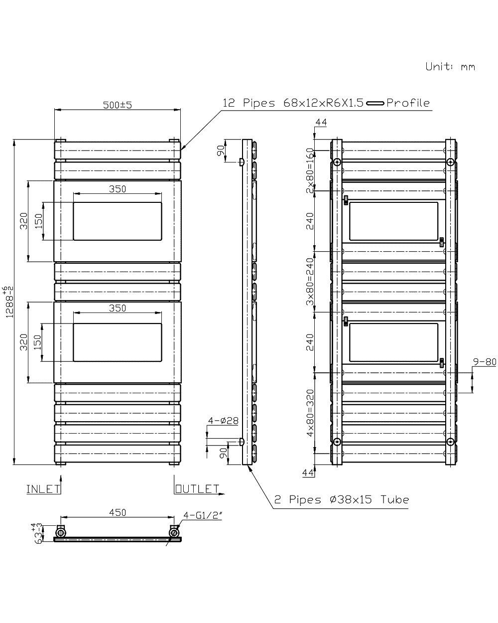 HERSA Designer Towel Radiator Anthracite 500mm x 1288mm