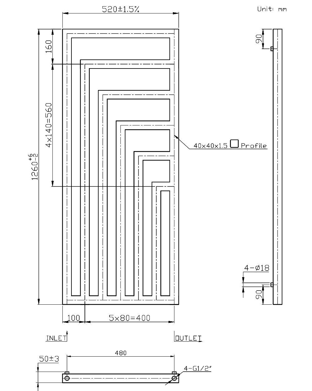 LEMINA Designer Towel Radiator 520mm x 1260mm Anthracite