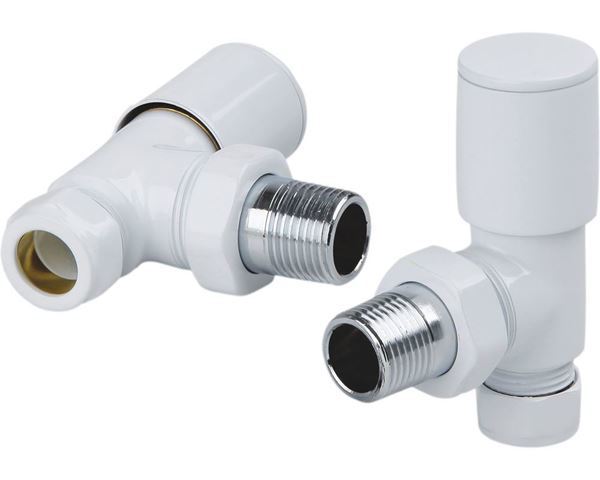 White ANGLED Radiator Valves (Pair) - 15mm x 1/2inch | Roundhead & Modern
