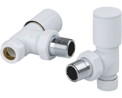 White ANGLED Radiator Valves (Pair) - 15mm x 1/2inch | Roundhead & Modern