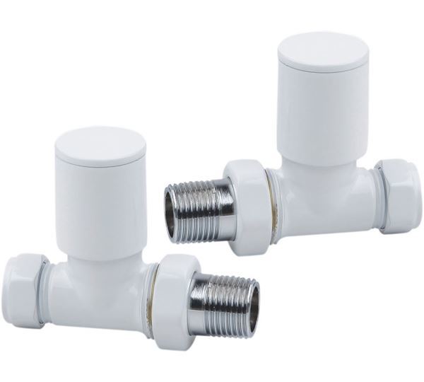 White STRAIGHT Radiator Valves (Pair) - 15mm x 1/2inch | Roundhead & Modern