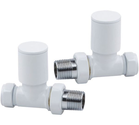 White STRAIGHT Radiator Valves (Pair) - 15mm x 1/2inch | Roundhead & Modern