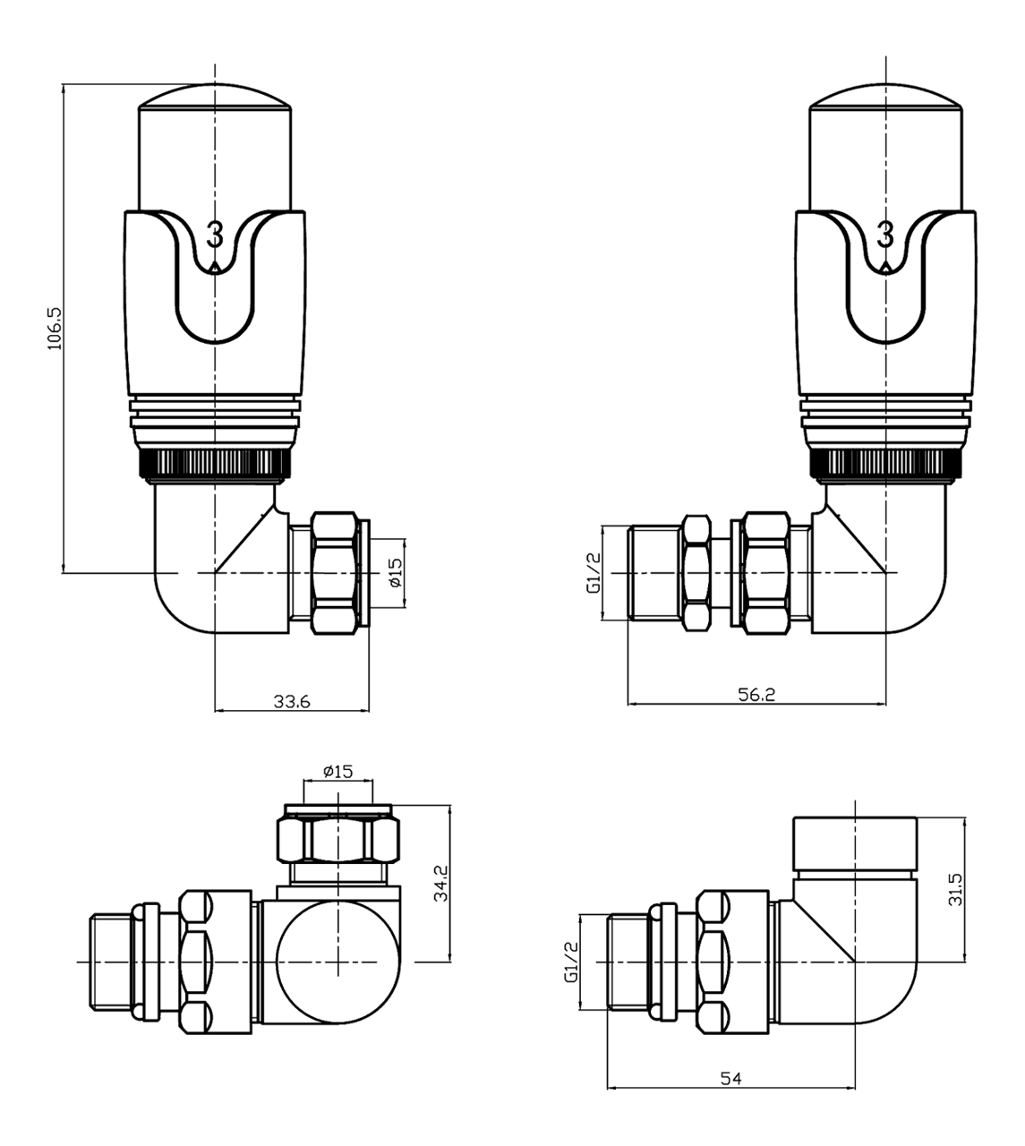 Thermostatic Chrome Corner Radiator Valve (TRV) | Bi-directional 15mm x 1/2inch