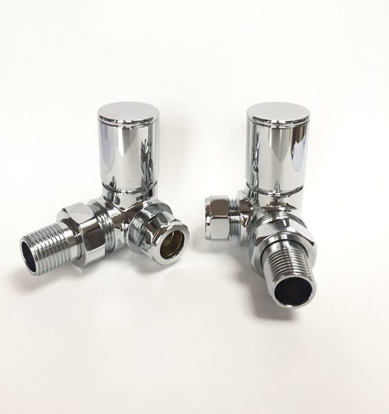 Chrome CORNER Radiator Valves (Pair) - 15mm x 1/2inch | Roundhead & Modern