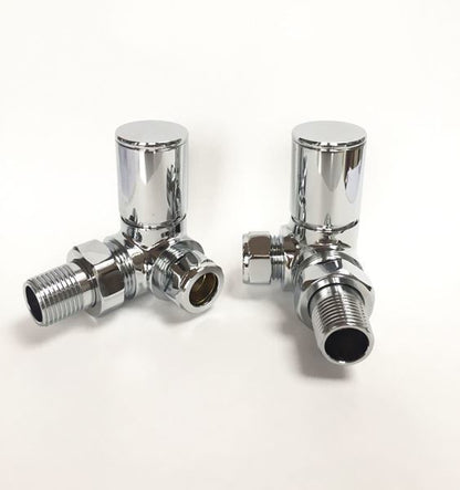 Chrome CORNER Radiator Valves (Pair) - 15mm x 1/2inch | Roundhead & Modern
