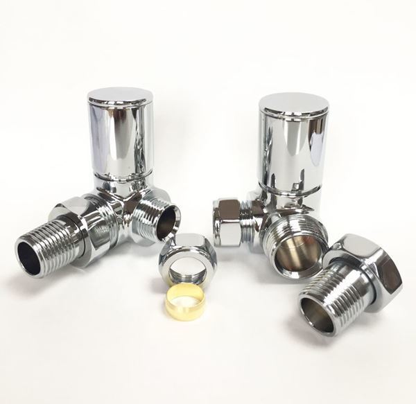 Chrome CORNER Radiator Valves (Pair) - 15mm x 1/2inch | Roundhead & Modern