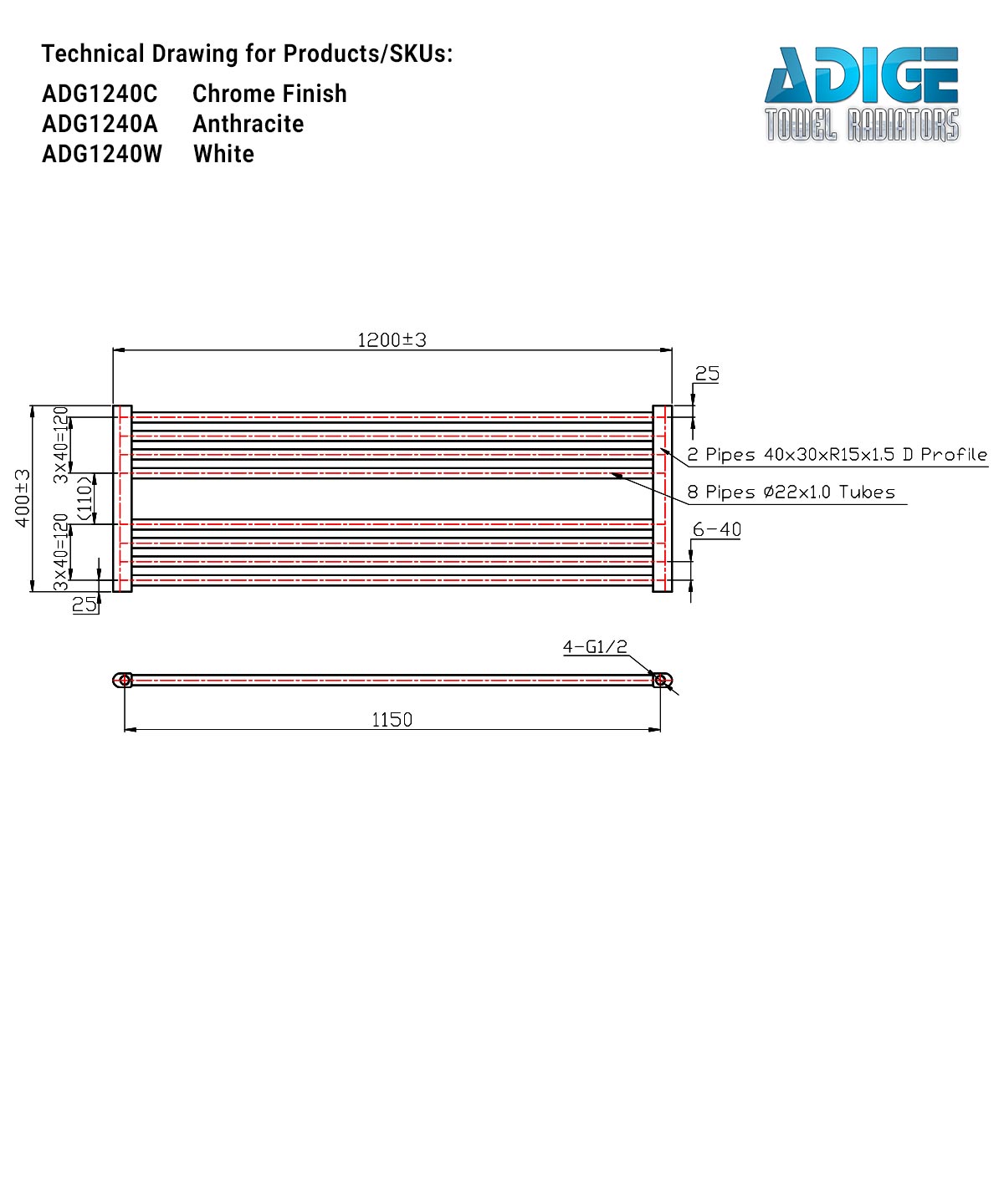 Horizontal White Heated Towel Rail 1200mm Wide | 400mm High