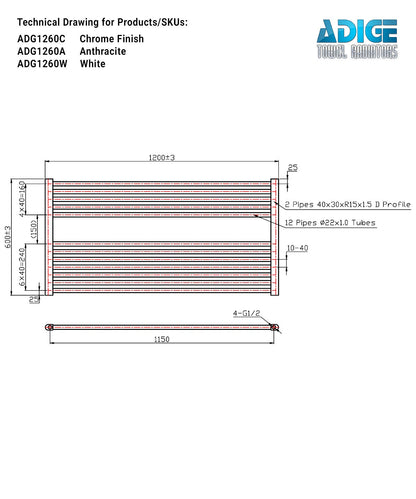 Horizontal Anthracite Towel Radiator 1200mm Wide |600mm High