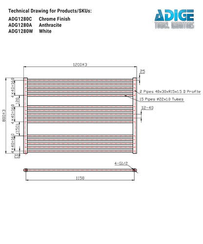 Horizontal Chrome Towel Radiator 1200mm Wide | 800mm High