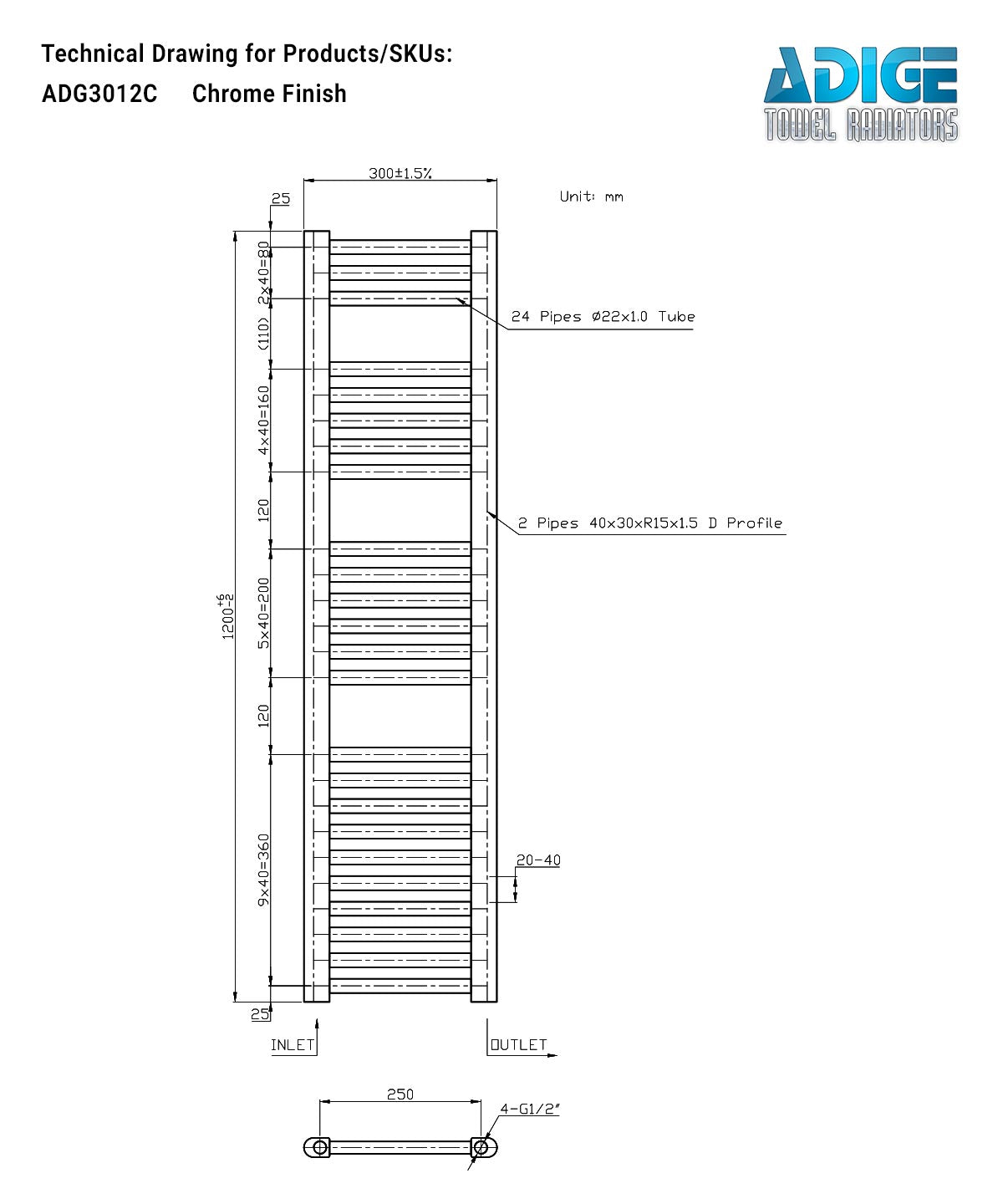Narrow Chrome Towel Radiator 300mm Wide | 1200mm High