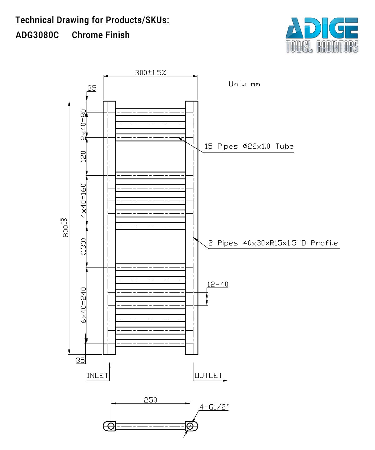 Small Chrome Towel Radiator 300mm Wide | 800mm High