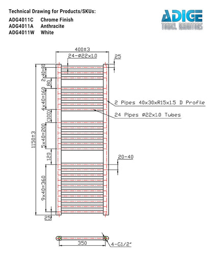 Ladder Anthracite Towel Radiator 400mm Wide | 1150mm High