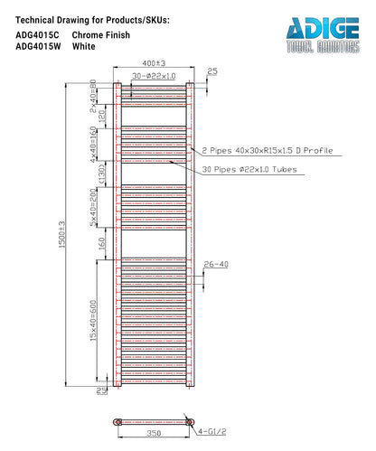 Ladder White Heated Towel Rail 400mm Wide | 1500mm High