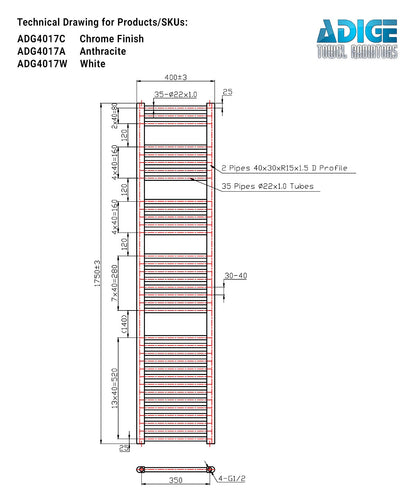 Tall & Slim Anthracite Towel Radiator 400mm Wide | 1750mm High