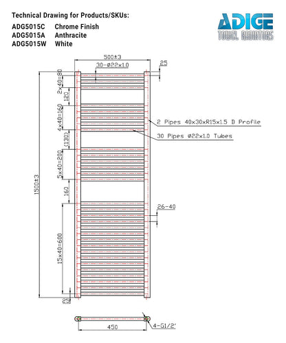 Ladder White Heated Towel Rail 500mm Wide | 1500mm High