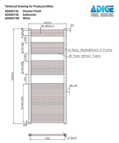 Ladder White Heated Towel Rail 600mm Wide | 1500mm High