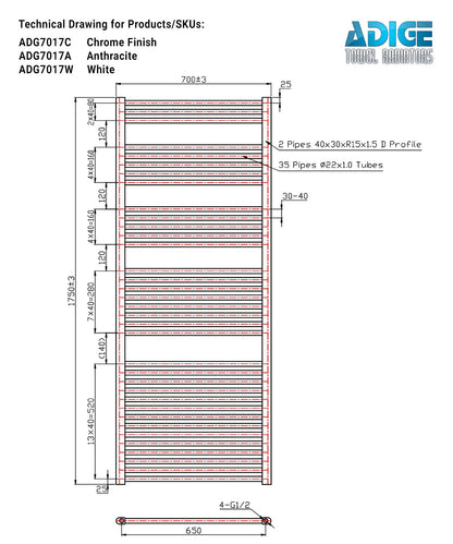 Tall & Large White Heated Towel Rail 700mm Wide | 1750mm High