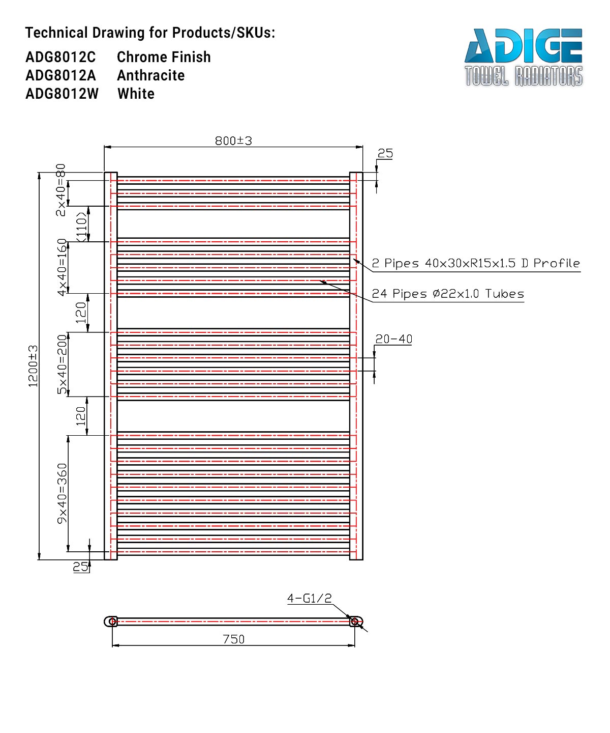 White Heated Towel Rail - Ladder 800mm Wide | 1200mm High