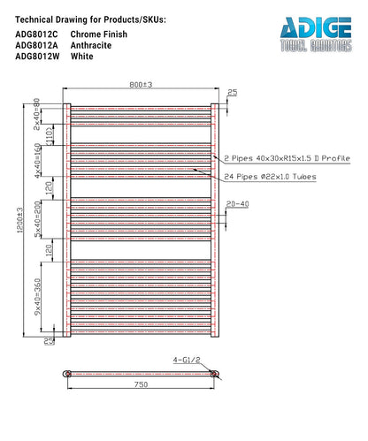 White Heated Towel Rail - Ladder 800mm Wide | 1200mm High